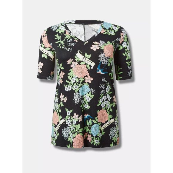 Torrid Womens Black Floral V-Neck Tunic Tee SZ 3X Short Sleeve Dark Fairy HTF - Picture 3 of 9